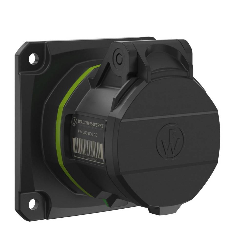 Eine schwarze, robuste industrielle Stromsteckdose mit Schutzdeckel und grünem Akzent. Der Markenname 'Walther Werke' ist sichtbar.