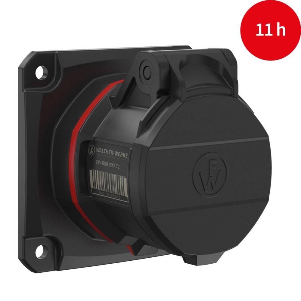 Eine schwarze elektrische Steckdosenabdeckung mit kreisförmigem Design ist auf einer quadratischen Basis mit vier Schraublöchern montiert. Eine rote Beschriftung '11 h' befindet sich in der oberen rechten Ecke.