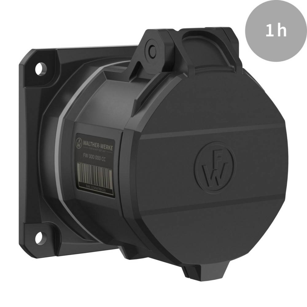 Eine schwarze elektrische Wandsteckdose mit einer Schutzabdeckung, in der Ecke mit '1h' markiert, was auf eine Einstundenbeurteilung oder Nutzungsbegrenzung hinweist.