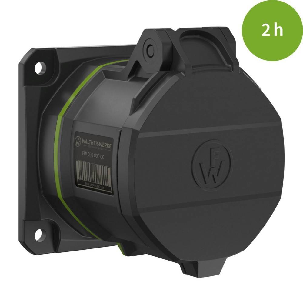 Eine schwarze Steckdose mit Abdeckung, gekennzeichnet mit 'Walther Werke'. Grüner Kreis in der Ecke zeigt eine 2-Stunden-Bewertung für die Nutzung an.