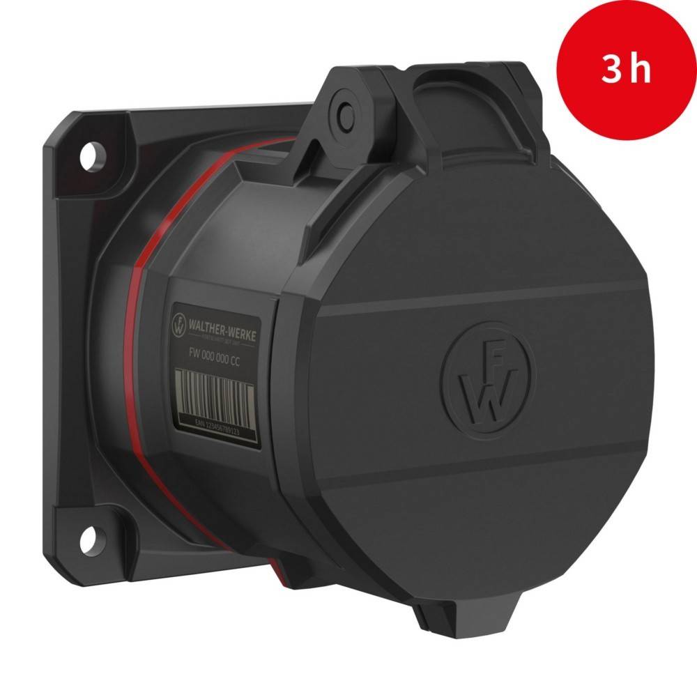 Eine schwarze industrielle Steckdose mit geprägter Markenbeschriftung, auf einer Tafel montiert. Ein roter Kreis mit '3h' zeigt Kompatibilität oder Dauer an.