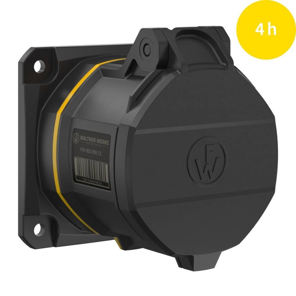 Eine schwarze, kreisförmige Steckdose mit einem gelben '4h'-Indikator oben rechts, an einer Wand montiert.