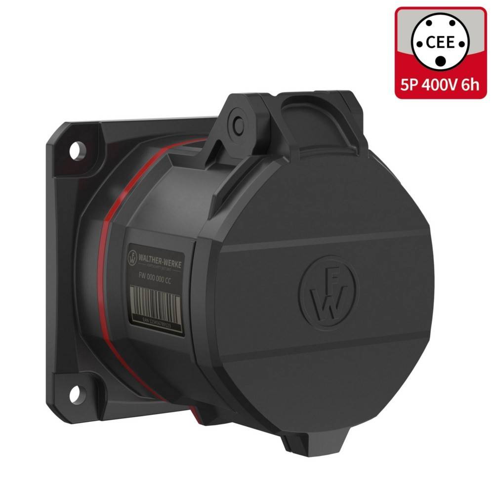 Eine schwarze, robuste industrielle Netzsteckdose, ausgelegt für 'CEE 5P 400V 6h', zum Wandanbau für elektrische Verbindungen konzipiert.