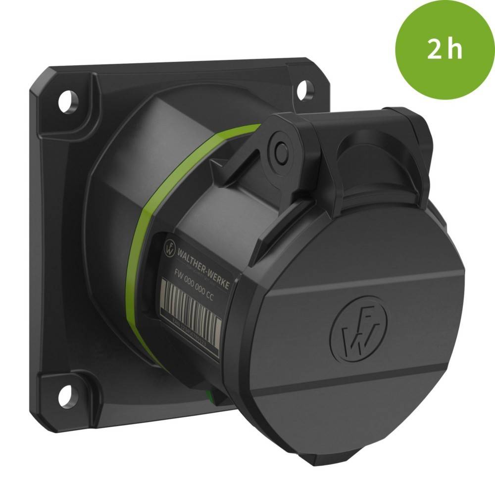 Eine graue Steckdose mit Abdeckung, auf einer quadratischen Basis montiert. Ein grüner Kreis in der Ecke zeigt '2h'.