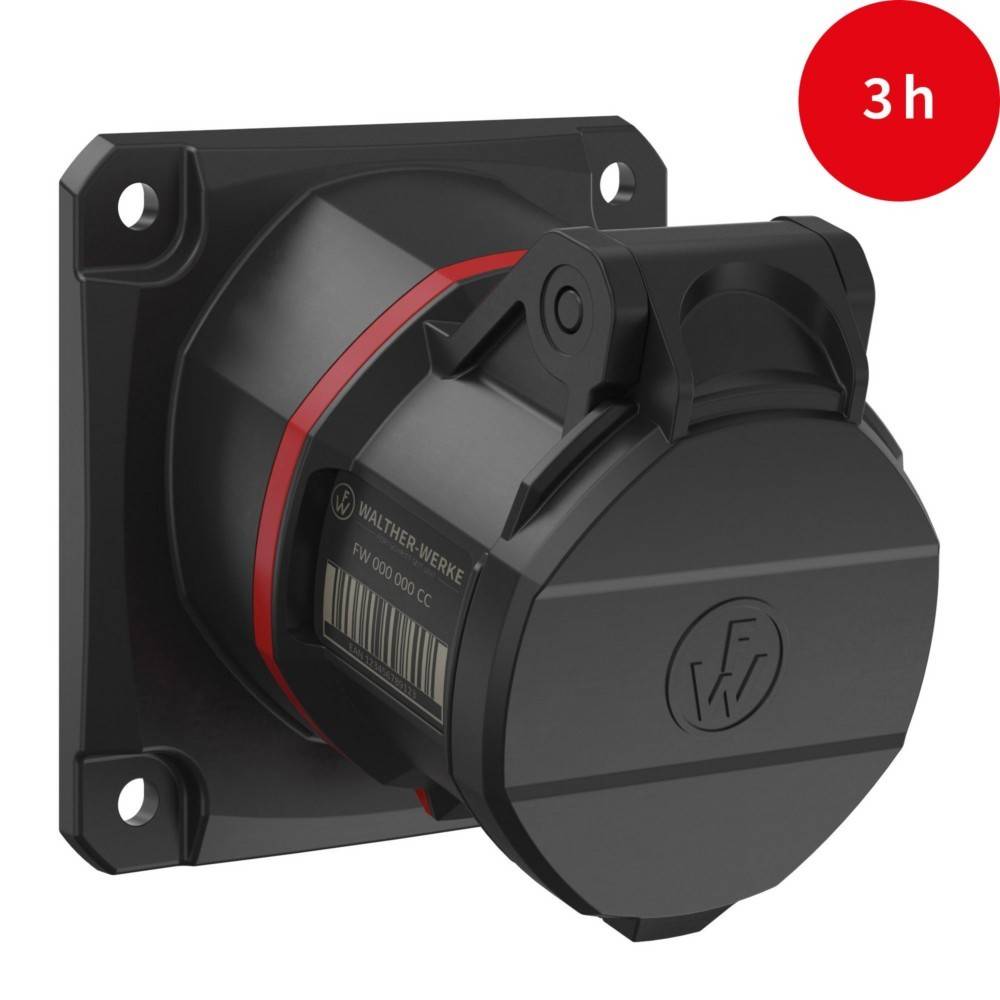 Eine schwarze industrielle Stromsteckdose mit einem roten 