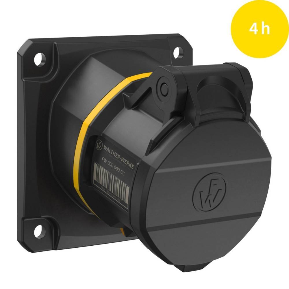 Elektrische Wandsteckdose mit schwarzer Abdeckung und einem gelben Etikett mit der Markierung '4h' in der oberen rechten Ecke.