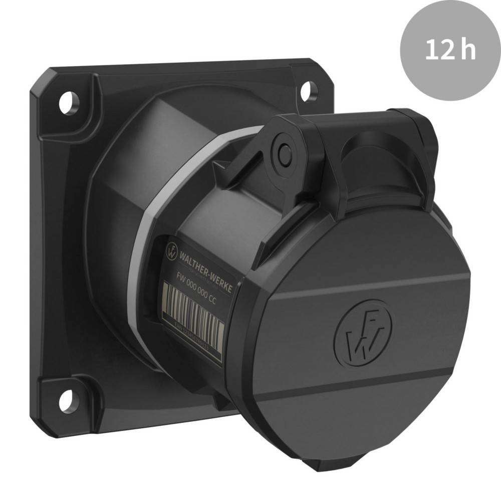 Eine schwarze, wandmontierte industrielle elektrische Steckdose mit Schutzabdeckung, oben rechts mit '12h' gekennzeichnet.