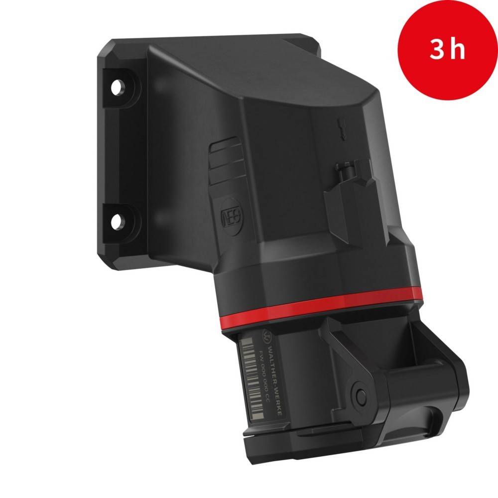 Gerät mit einem schwarzen, schräg geformten Körper, der an einer Wandhalterung befestigt ist; ein roter Kreis mit der Aufschrift '3h' deutet auf eine Dauer oder Ladezeit von 3 Stunden hin.