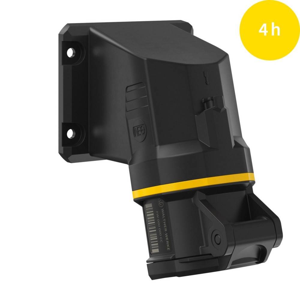 Ein schwarzer und gelber industrieller Stecker mit quadratischer Grundfläche und zylindrischem Anschluss. Ein gelber Kreis in der oberen rechten Ecke zeigt '4h'.