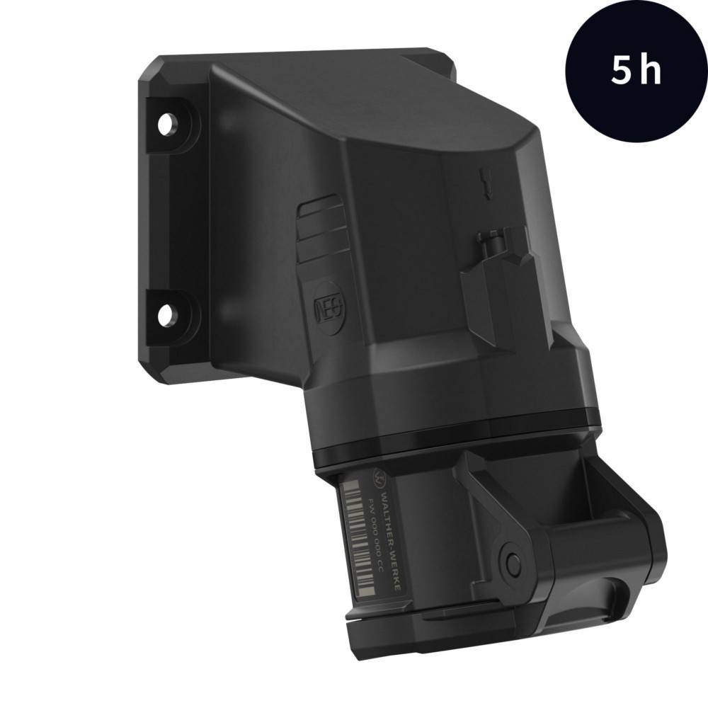 Ein schwarzes, wandmontiertes elektrisches Gerät mit der Beschriftung '5h' in einem kreisförmigen Symbol, das die Ladezeit oder Stromverbrauchsdauer anzeigt.