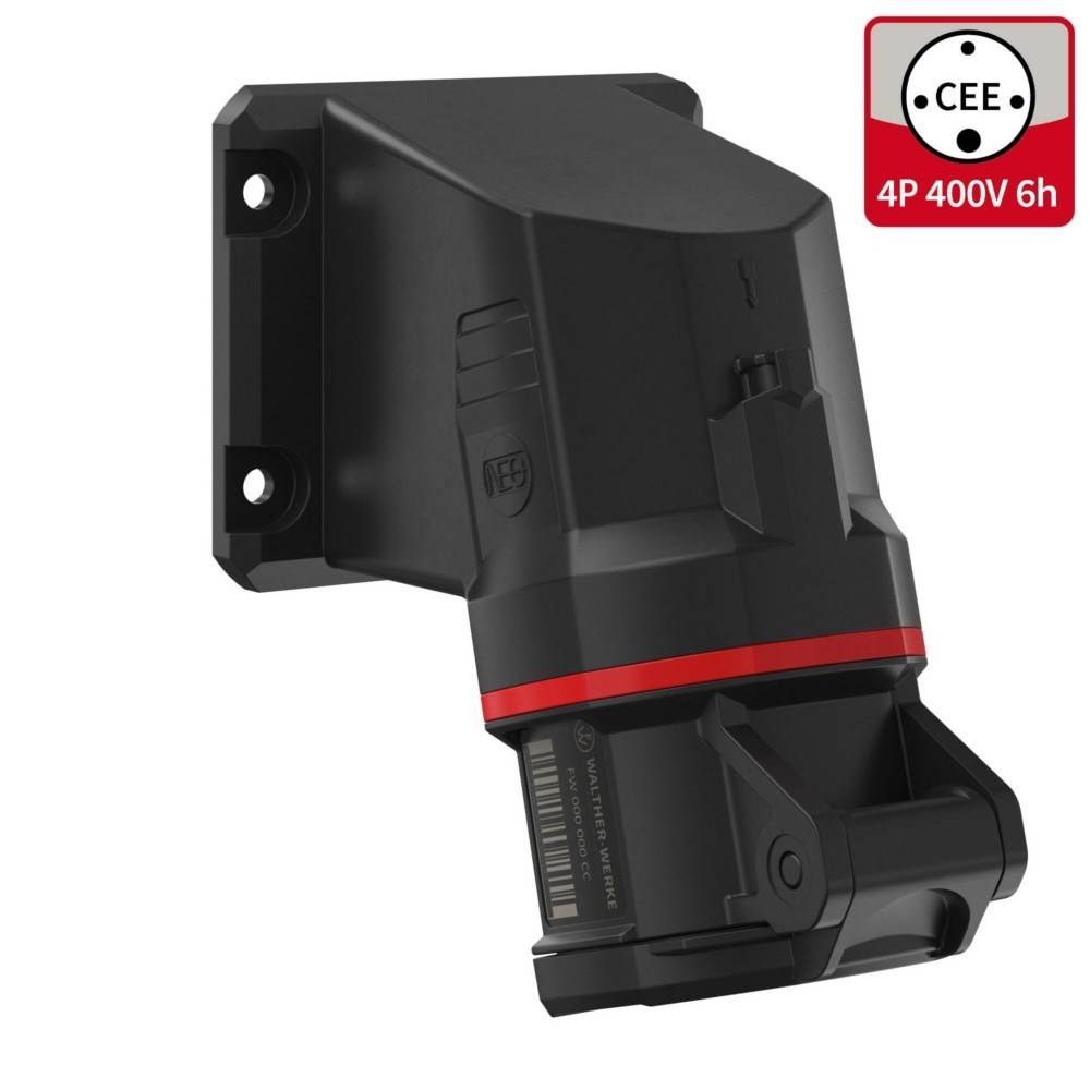 Ein schwarzer industrieller Stromstecker mit einem roten Ring, an einer Wandhalterung montiert, beschriftet mit ‚CEE 4P 400V 6h'.