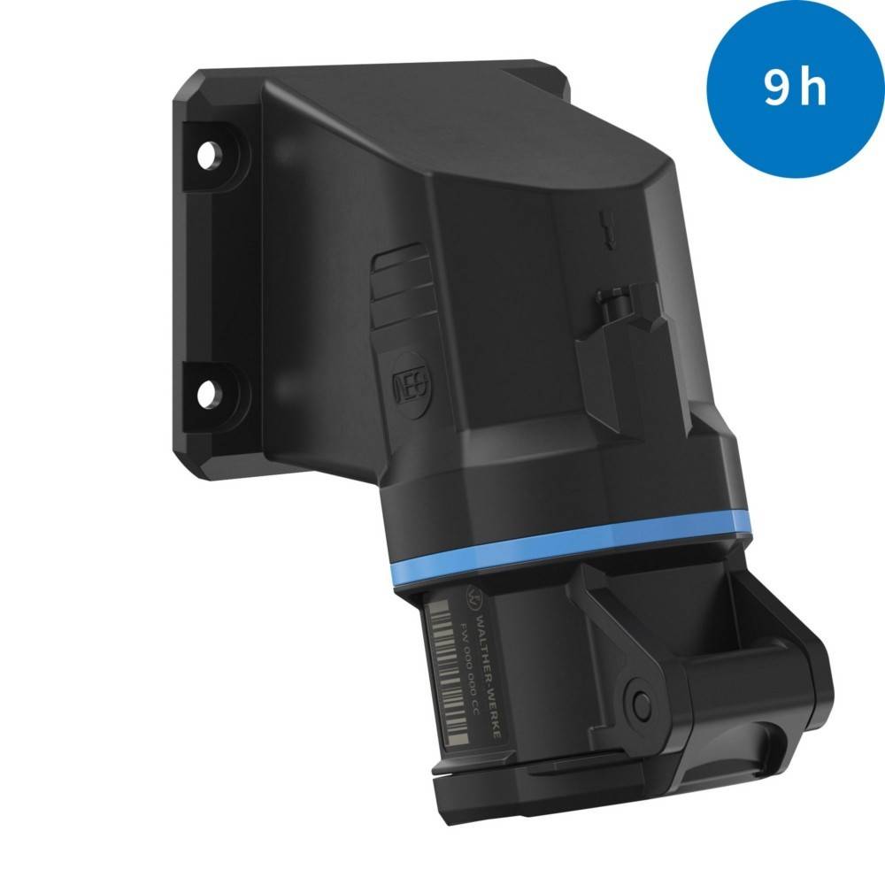 Schwarzes elektronisches Gerät an der Wand montiert, mit digitaler Anzeige und einem blauen Indikator, der '9 h' zeigt. Wird zur Verfolgung oder Überwachung verwendet.