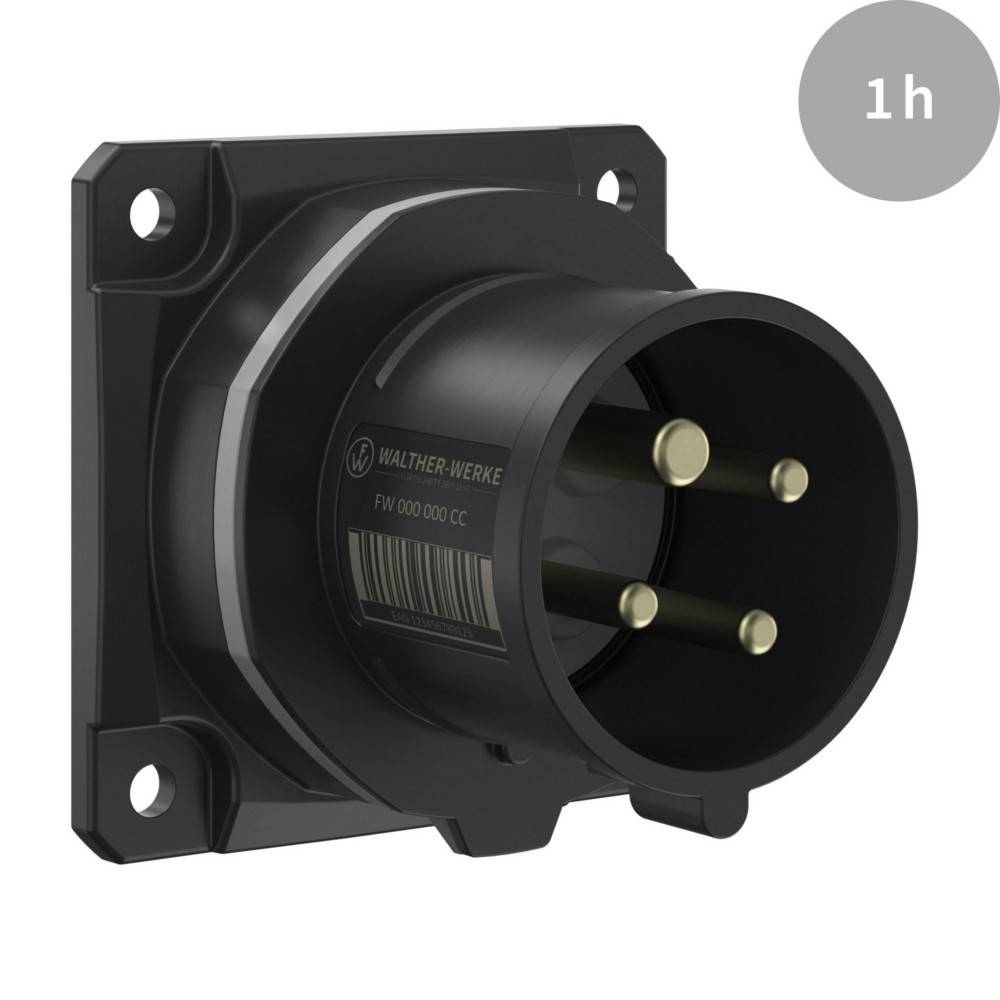 Schwarzer industrieller Stromanschluss mit drei Stiften, montiert auf einer quadratischen Grundplatte, mit Marke und Teilenummer beschriftet. In der oberen rechten Ecke ist '1h' angezeigt.