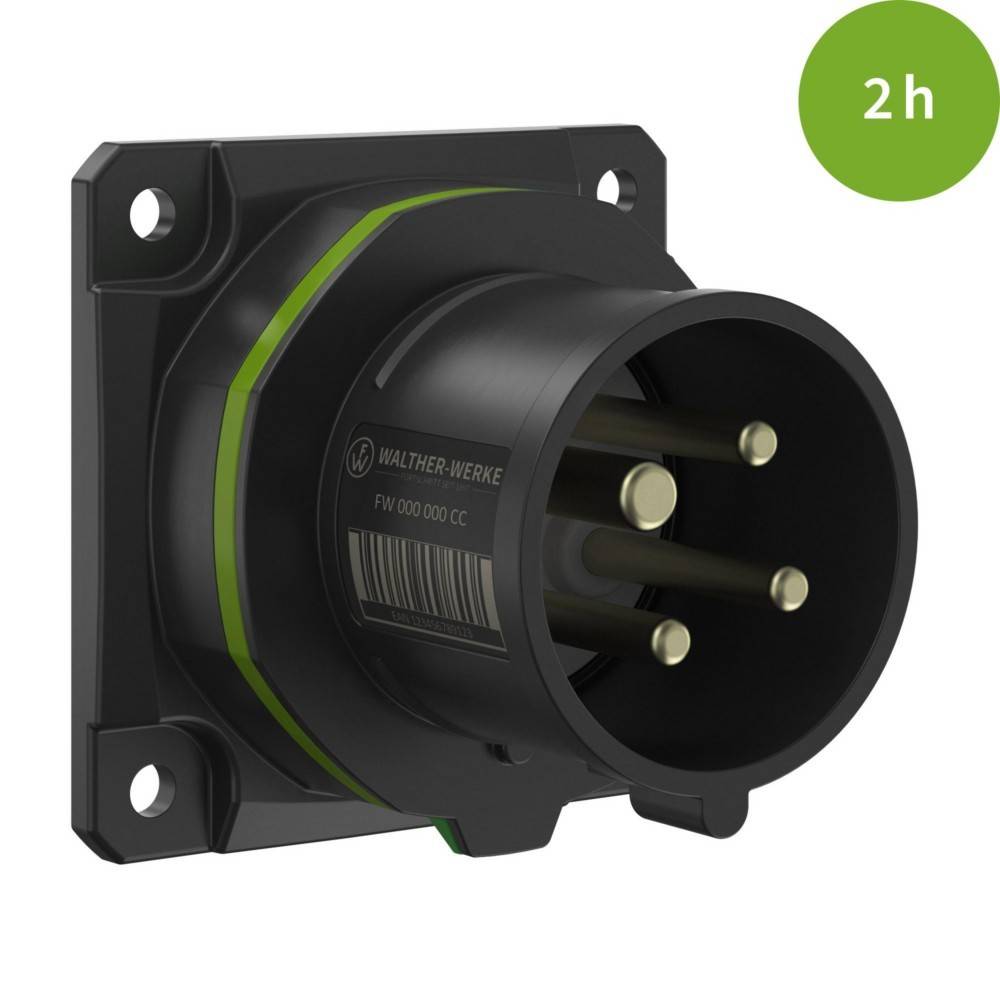 Eine schwarze industrielle Stromsteckdose mit grünen Akzenten, von vorne gezeigt. Ein grüner Kreis mit der Aufschrift '2h' befindet sich in der oberen rechten Ecke.