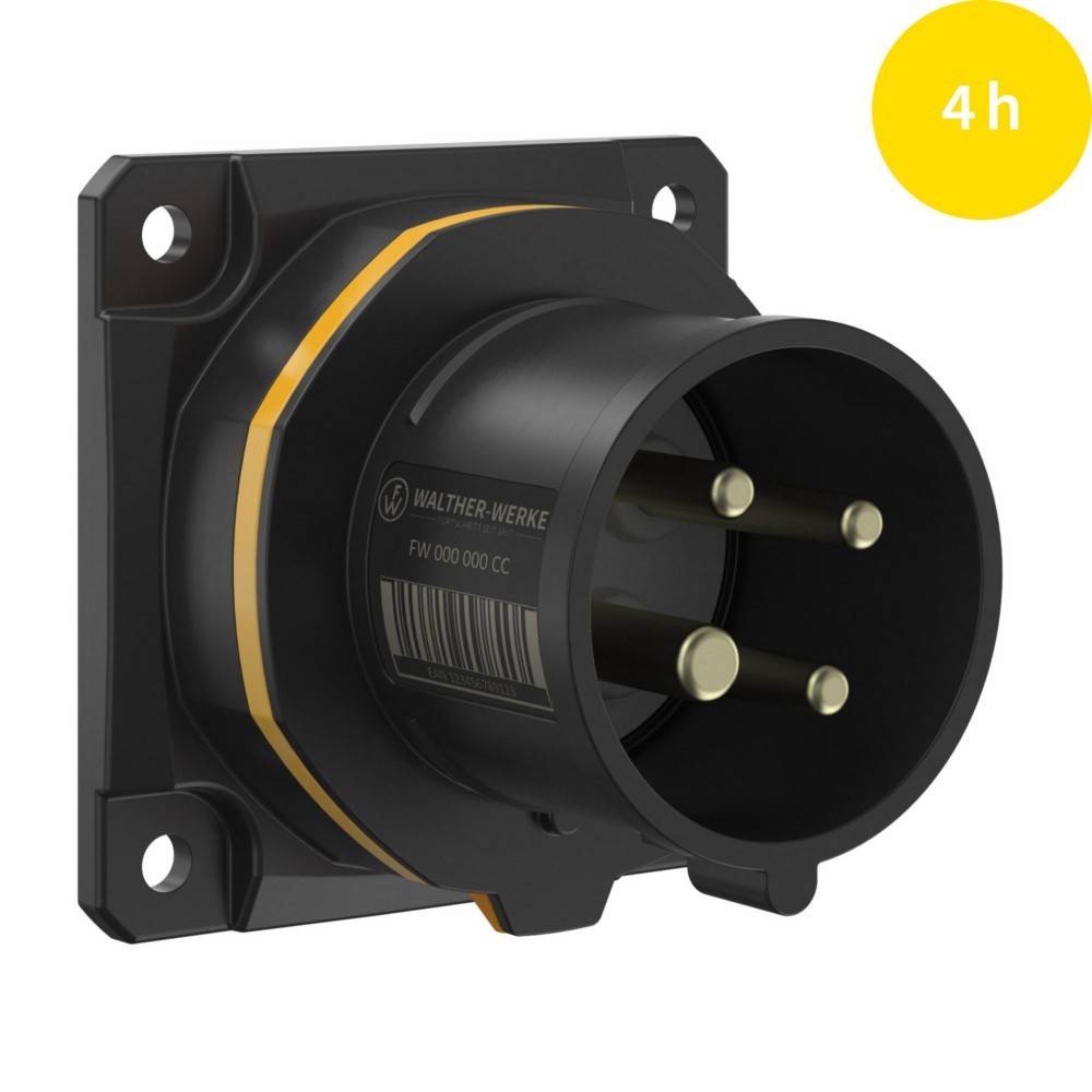 Schwarzer und gelber industrieller Stromstecker mit drei Kontakten und der Aufschrift 'Walther Werke'. Gelber Kreis in der Ecke mit der Markierung '4h'.