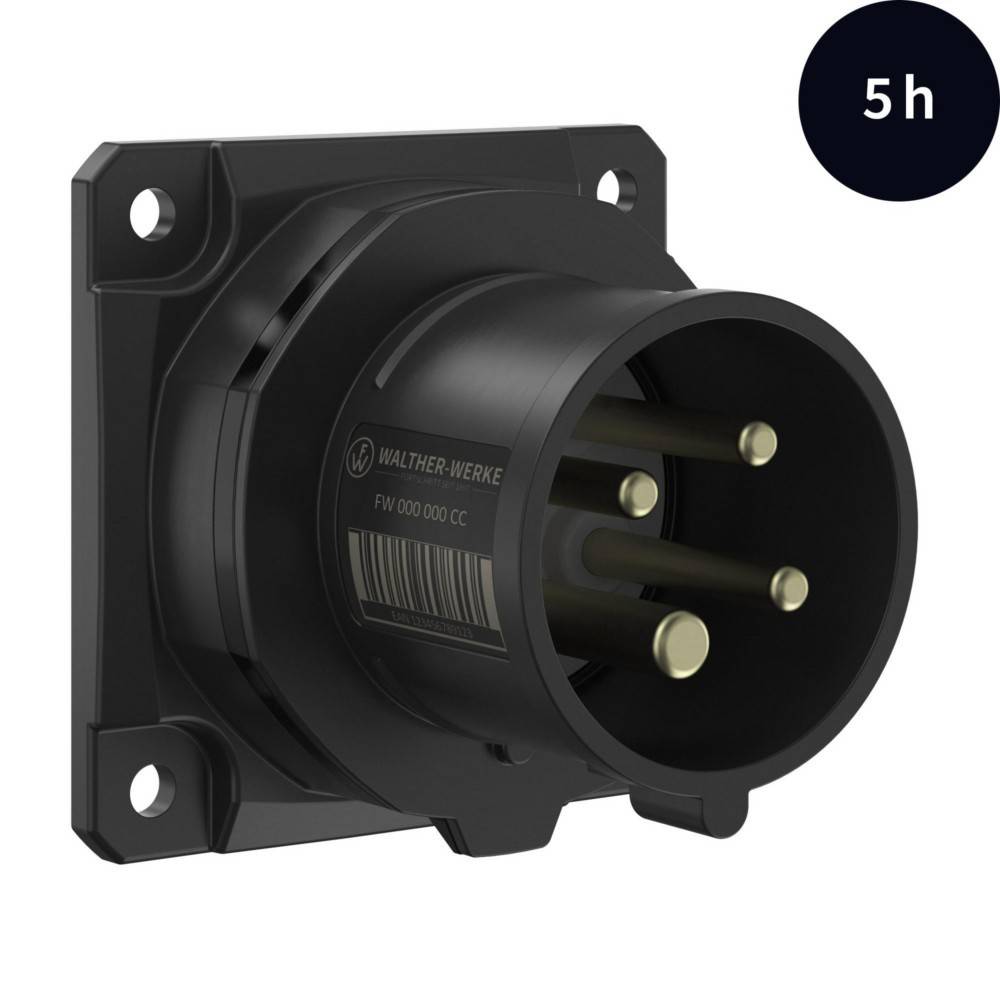 Eine schwarze industrielle Steckdose mit drei sichtbaren Stiften, konzipiert für Hochleistungs-Elektroverbindungen. '5h' ist oben rechts sichtbar.