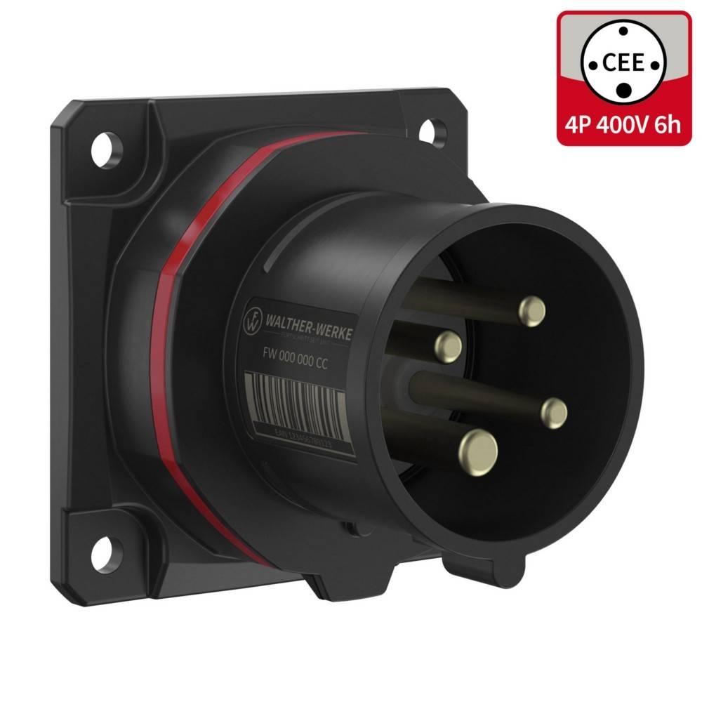 Schwarze industrielle Steckdose mit roten Akzenten, gekennzeichnet mit CEE 4P 400V 6h, mit vier metallischen Kontakten für elektrische Verbindungen.