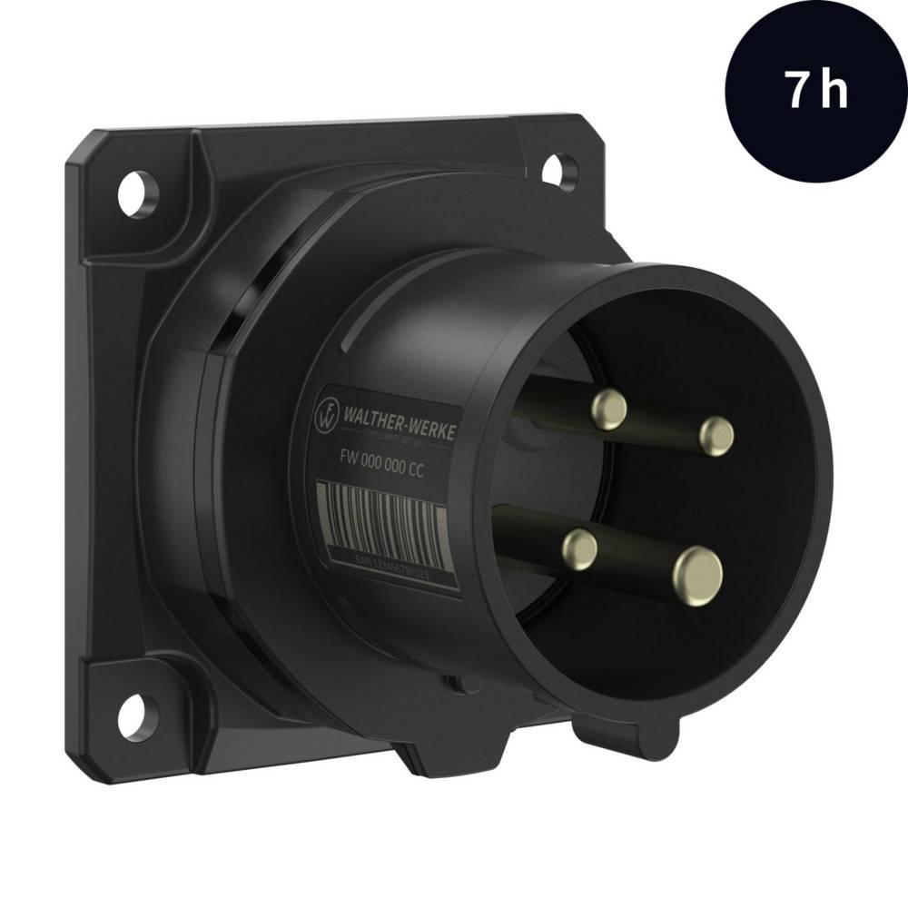 Eine schwarze industrielle Steckdose mit drei Metallstiften, die auf einer schwarzen Montageplatte angebracht ist. Ein kreisförmiges Etikett in der oberen rechten Ecke zeigt die Beschriftung '7 h'.