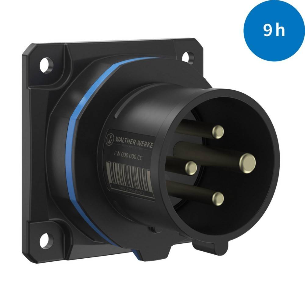 Eine schwarze industrielle Steckdose mit elektrischem Anschluss und drei Stiften in Schwarz mit blauem Akzent. Ein blauer Kreis mit der Beschriftung „9h