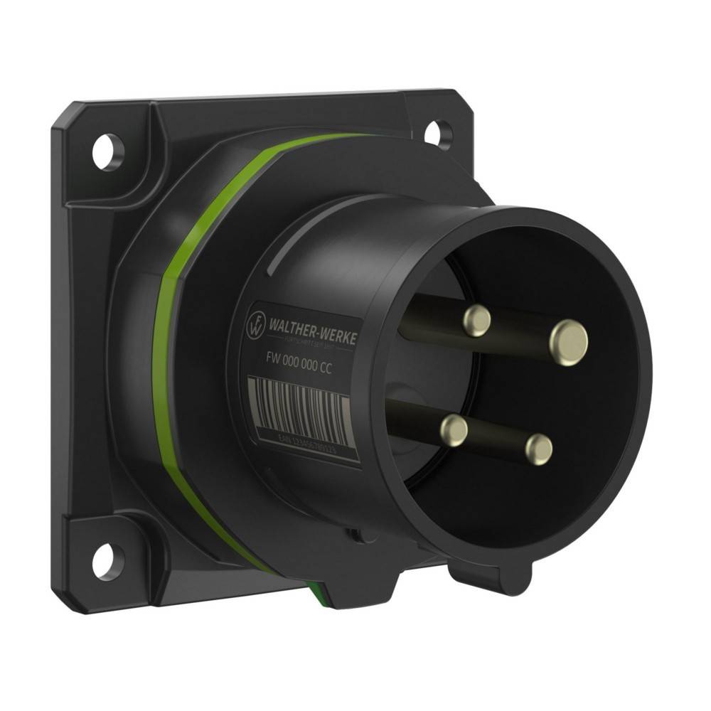 Eine schwarze industrielle Steckdose mit drei runden Stiften und einem grünen Ring, montiert auf einer quadratischen Metallplatte, verwendet für schwerlastige elektrische Verbindungen.