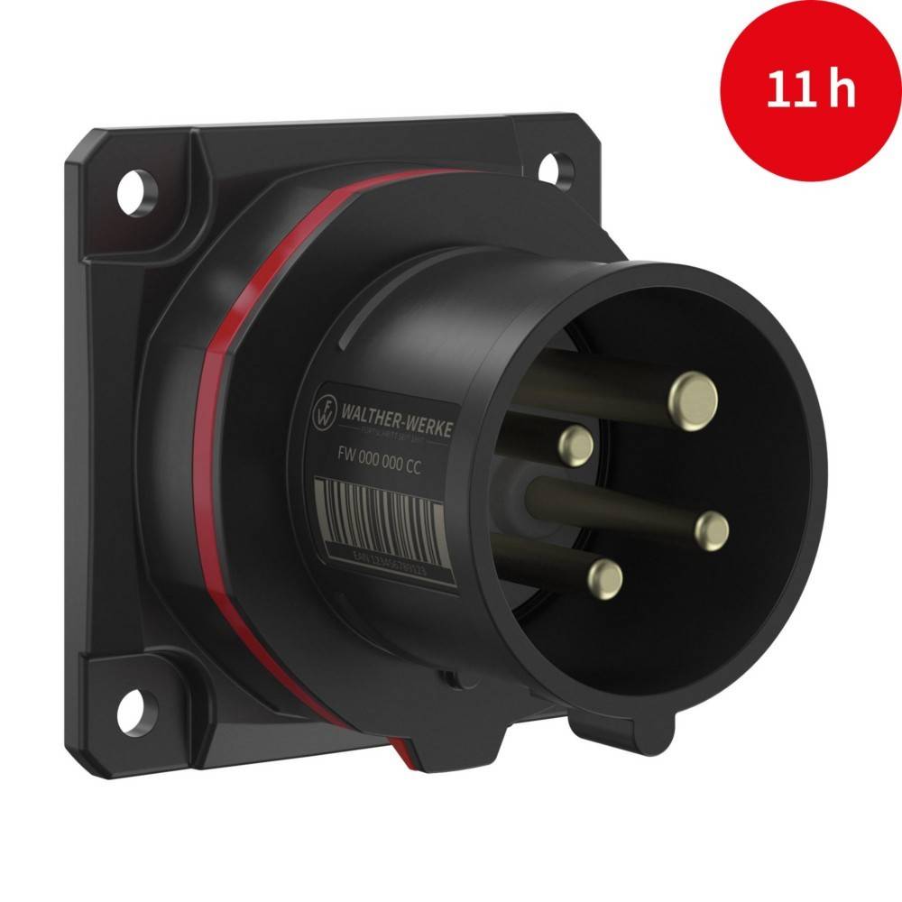 Ein industrieller Stromstecker mit fünf Kontakten, montiert auf einer schwarzen Basis. Ein roter Kreis in der oberen rechten Ecke zeigt '11 h'.