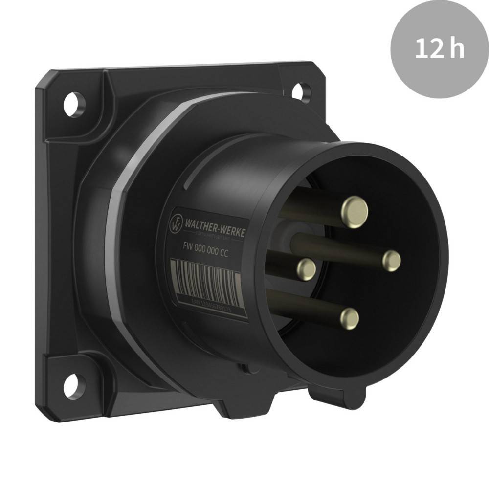 Eine schwarze industrielle Steckdose mit fünf runden Stiften, die für robuste elektrische Verbindungen konzipiert ist. Oben rechts ist '12h' zu sehen.