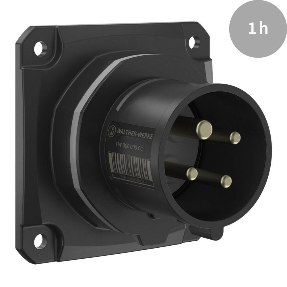 Eine schwarze industrielle Steckdose mit drei runden Stiften, beschriftet mit 