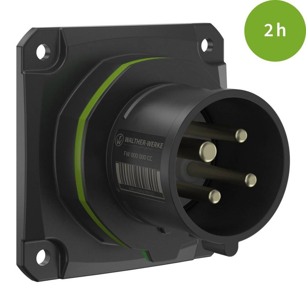 Schwarze industrielle Steckdose mit grünem Akzent, ausgestattet mit mehreren Pins für robuste Verbindungen, gekennzeichnet mit einer Ausdauerbeurteilung von 2h.