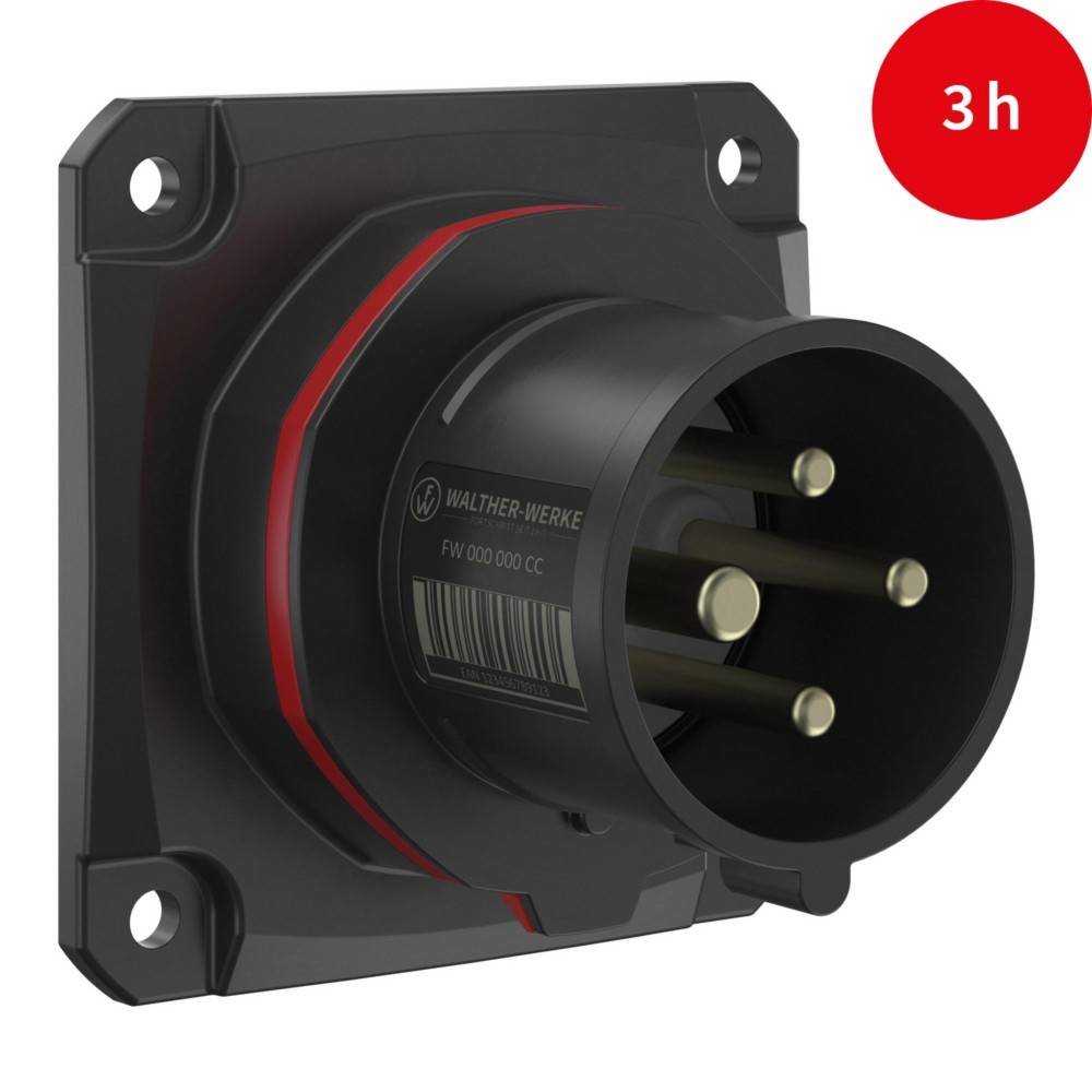Eine wandmontierte, industrietaugliche Steckdose mit mehreren Stiften, über der in roter Schrift '3h' angebracht ist, für schwerlastfähige elektrische Anschlüsse.