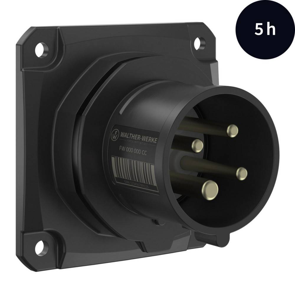 Eine schwarze industrielle Steckdose mit drei runden Stiften, beschriftet mit 'Walther Werke'; eine '5h' gibt die Uhrzeitposition für die Erdung an.