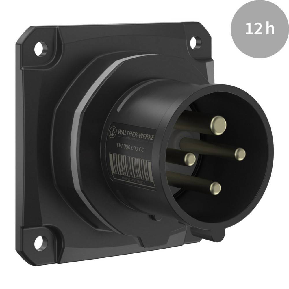 Eine schwarze industrielle Steckdose mit drei goldenen Stiften, beschriftet mit ‚Walther-Werke'. Ein grauer Kreis in der oberen rechten Ecke zeigt ‚12h'.