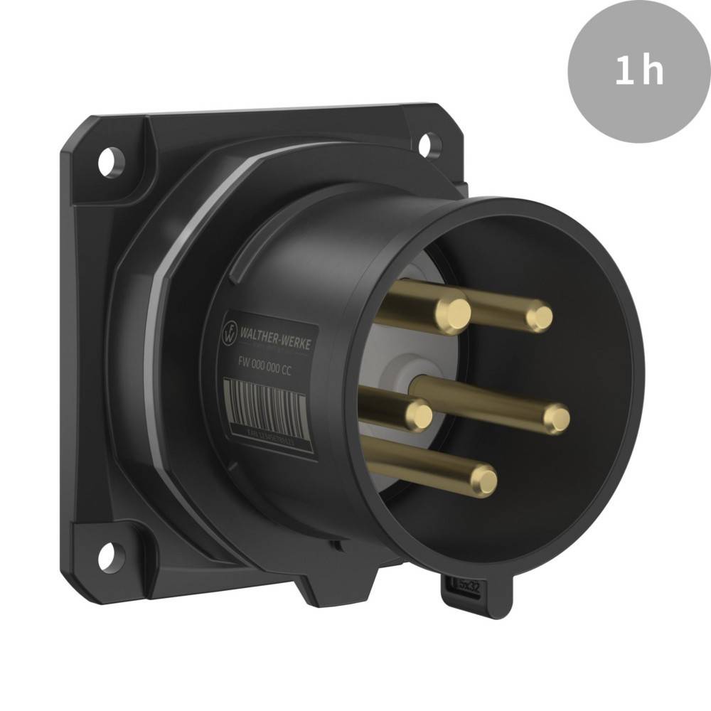 Schwarze industrielle Steckdose mit fünf Goldkontakten, an einer Wand montiert; grauer Abzeichen in der Ecke zeigt '1h'.