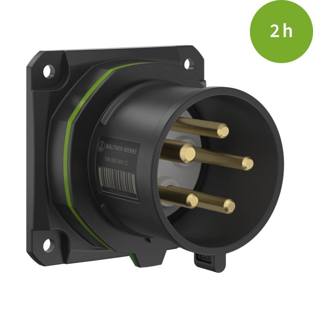 2h' grüne Plakette, schwarzer fünfpoliger Industriestecker mit Montagebasis, von vorne betrachtet.