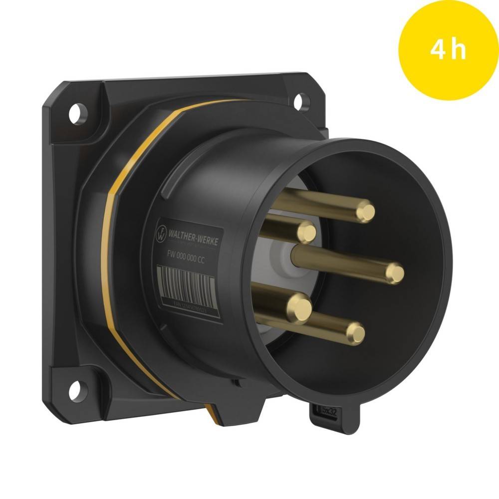 Elektrische Steckdose mit vier Stiften und sicherem Befestigungshalter, beschriftet mit '4h' in einem gelben Kreis, was eine spezifische Verwendungsbezeichnung anzeigt.