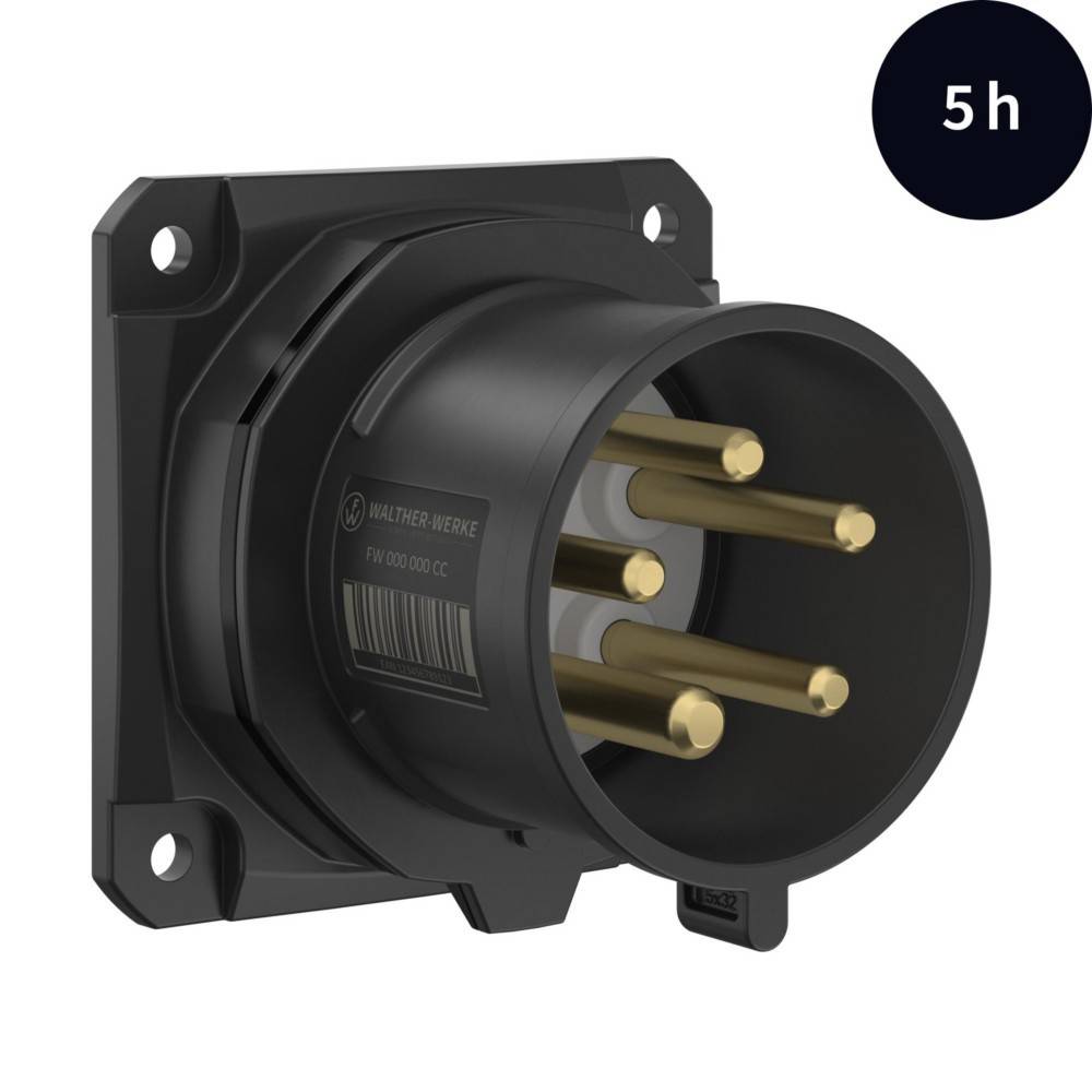 Eine schwarze Fünf-Pin-Industriesteckdose, mit der Kennzeichnung '5h', die für Hochleistungs-Elektroverbindungen in kommerziellen oder industriellen Umgebungen verwendet wird.