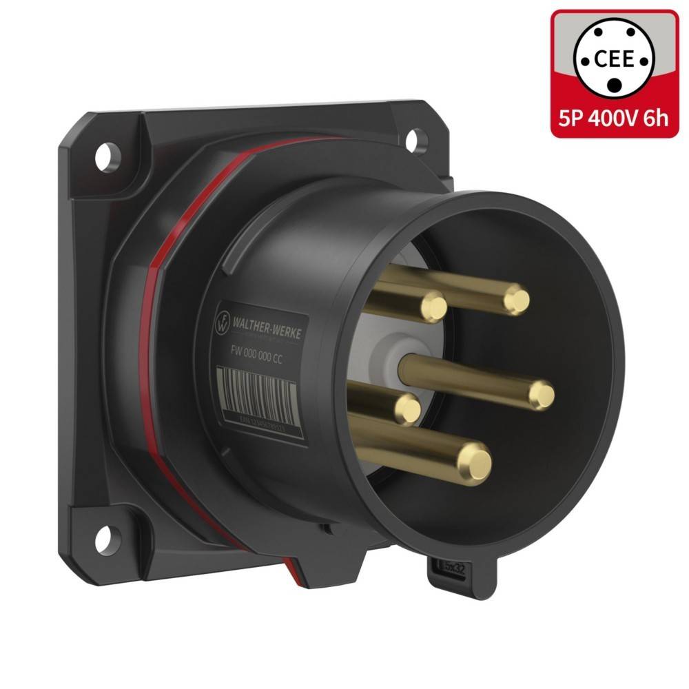 Eine schwarze industrielle Steckdose mit fünf goldenen Kontakten, in der oberen rechten Ecke in einem roten Kasten mit der Beschriftung 