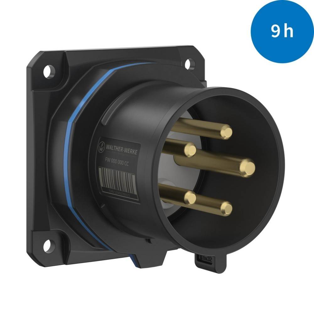 Eine schwarze industrielle Stromsteckdose mit mehreren Stiften, geeignet für schwere elektrische Verbindungen, wird vor einem weißen Hintergrund präsentiert.