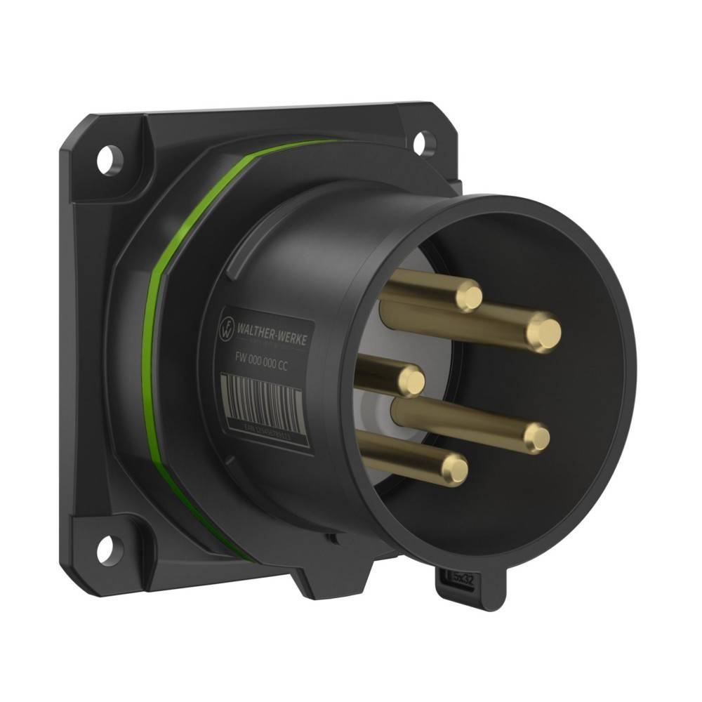 Ein schwarzer und grüner industrieller Stromstecker mit mehreren Kontakten, der auf einer quadratischen Platte montiert ist.