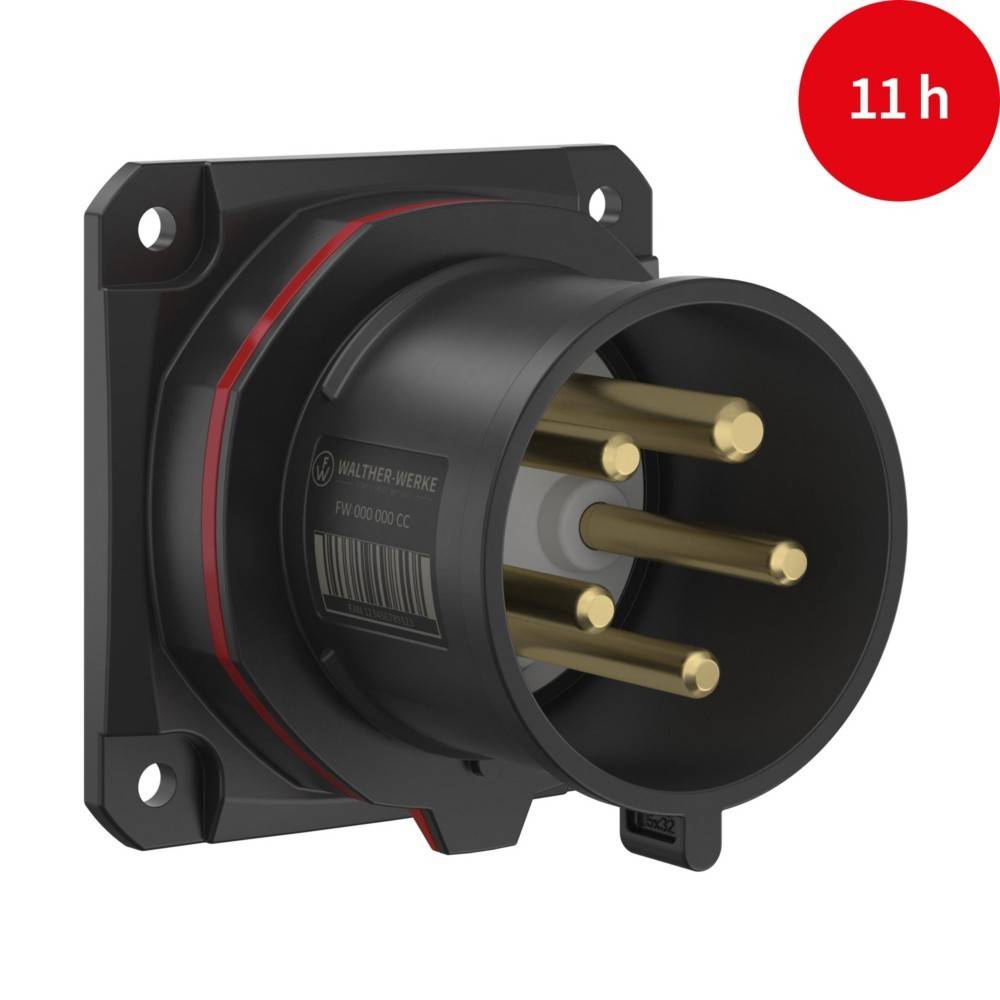 Ein schwarzer industrieller Stecker mit mehreren Messingbolzen, an einer Wand montiert; roter Kreis oben rechts mit '11 h', der Stunden anzeigt.