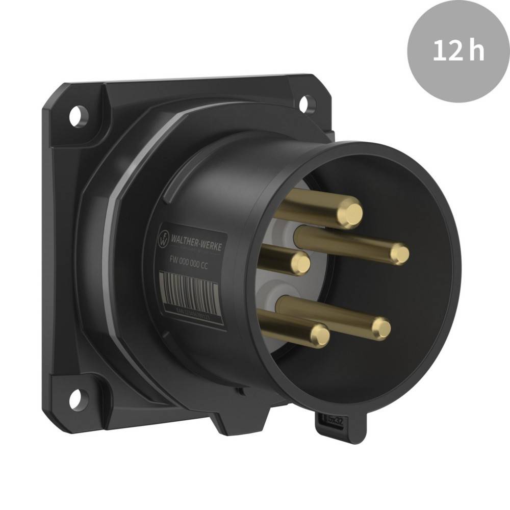 Ein schwarzer industrieller Elektroanschluss mit vier goldenen Stiften, montiert auf einer quadratischen Basis. Eine Beschriftung '12h' erscheint in der oberen rechten Ecke.