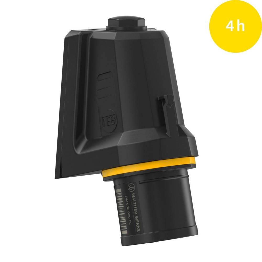 Ein schwarz-gelbes Ladegerät mit einer '4h'-Beschriftung in einem gelben Kreis, der eine vierstündige Ladezeit anzeigt.