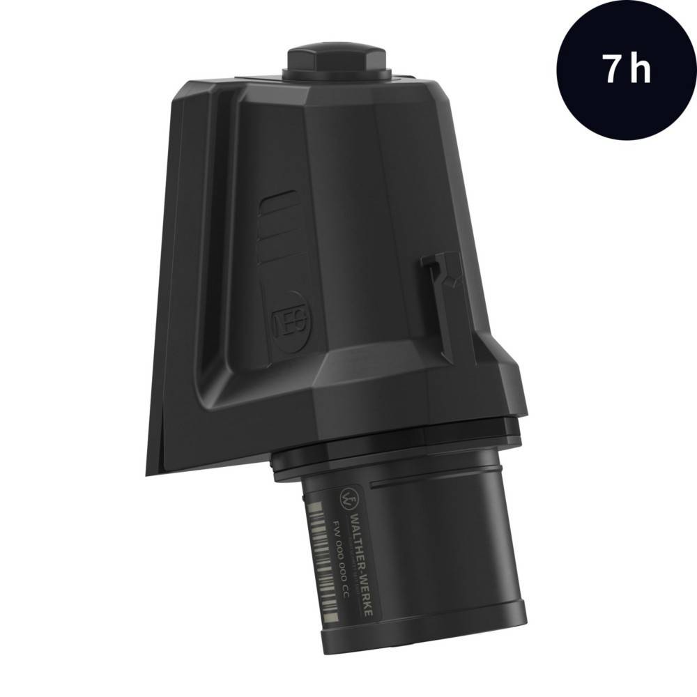 Schwarzes, eckiges, industrielles Gerät mit einem kreisförmigen Abschnitt an der Basis, vor einem weißen Hintergrund präsentiert mit '7h' in der oberen rechten Ecke.