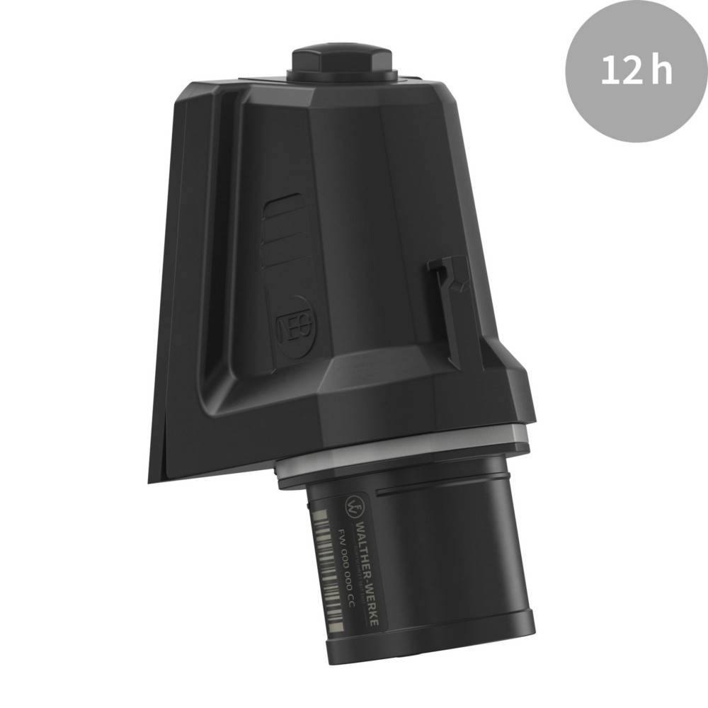 Ein schwarzes, verstellbares technisches Gerät mit zylindrischer Basis und kantigem Oberteil. Ein grauer Kreis in der oberen rechten Ecke zeigt '12 h'.