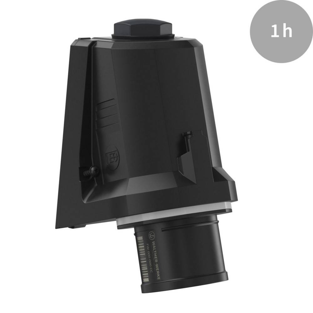 Ein schwarzes Motorhead-Gerät vor einem schlichten Hintergrund, mit einem grauen Kreis oben rechts, der '1h' enthält und damit die Batterielaufzeit andeutet.