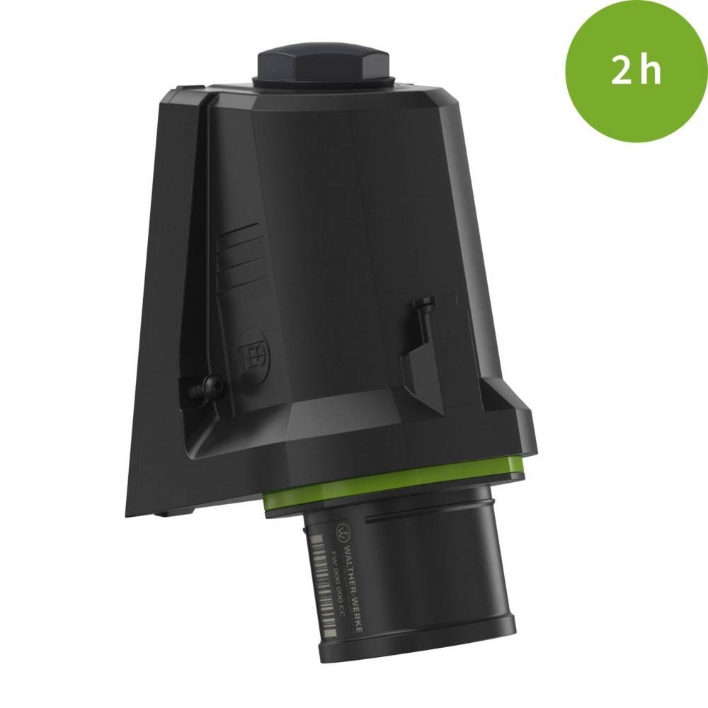 Ein schwarzes und grünes Industriegerät mit einer runden Komponente, möglicherweise ein Anschluss oder Sensor, vor einem weißen Hintergrund. Ein grüner Kreis mit '2h' in der oberen rechten Ecke.