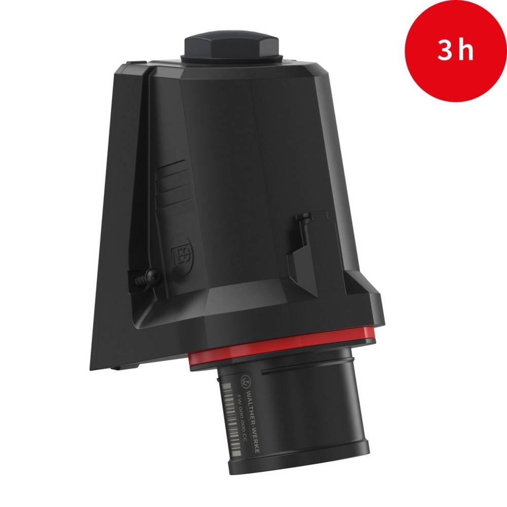 Eine schwarze und rote industrielle Komponente mit einer zylindrischen Basis wird gezeigt, mit der Beschriftung '3h' in einem roten Kreis, was auf eine Betriebsdauer hinweist.