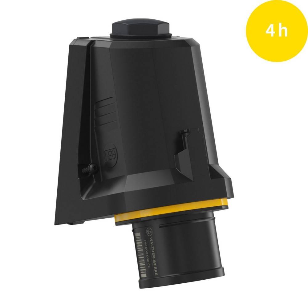 Eine schwarze und gelbe kabellose Werkzeugbatterie mit der Beschriftung '4h', die eine Ladedauer von vier Stunden anzeigt, vor einem weißen Hintergrund.