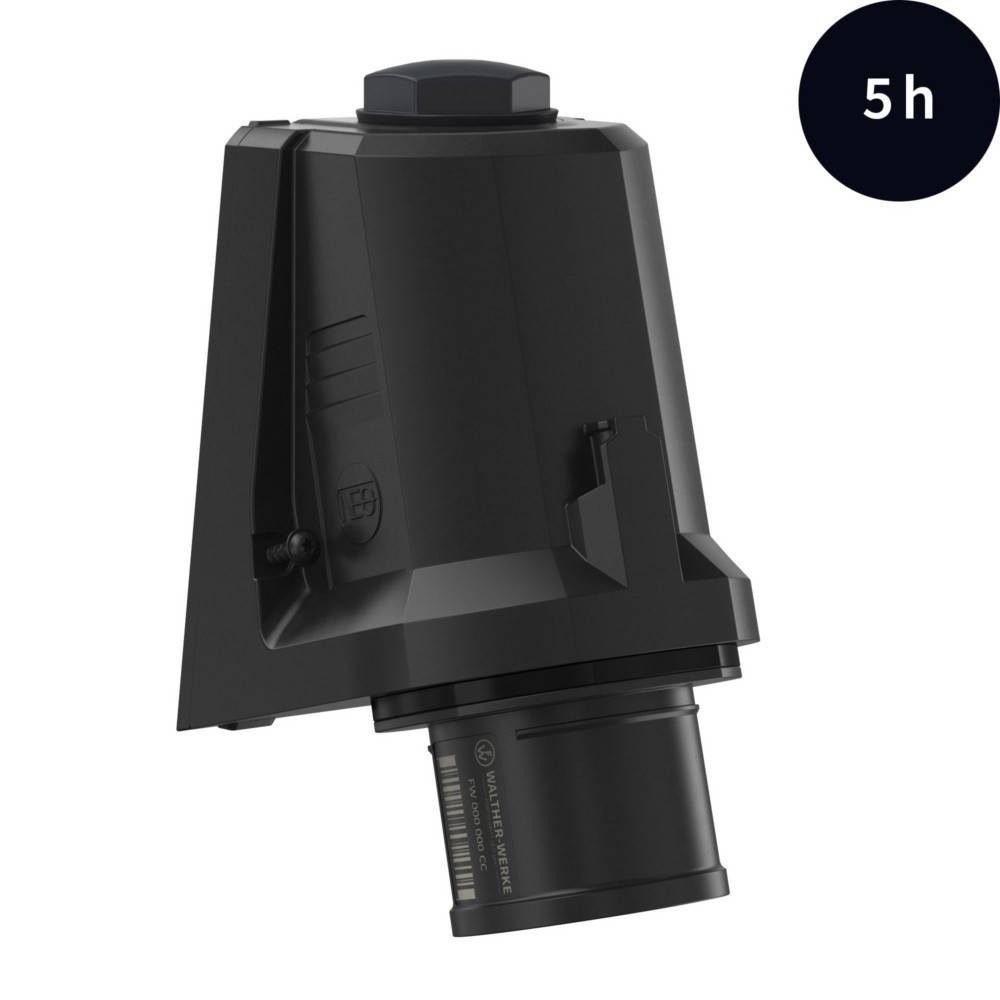 Ein schwarzes elektronisches Gerät mit einer zylindrischen Basis und einem kantigen Oberteil, auf dem in einer Ecke '5h' angezeigt wird.