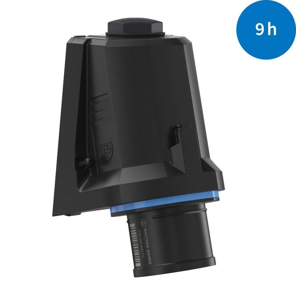 Eine schwarze, industrielle Automatisierungskomponente mit einer zylindrischen Basis wird gezeigt. Ein blauer Kreis in der oberen rechten Ecke enthält den Text '9h'.