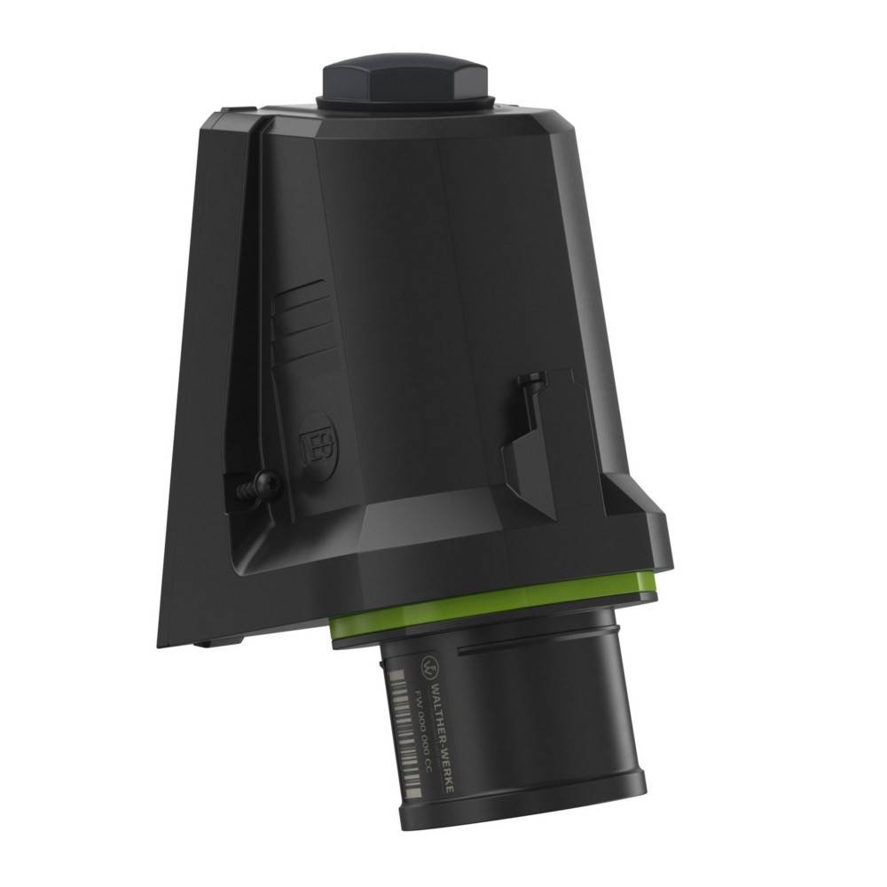 Ein schwarzes und grünes kantiges Gerät, das wie eine elektronische oder mechanische Komponente aussieht, mit einer sechseckigen Kappe und zylindrischer Basis.